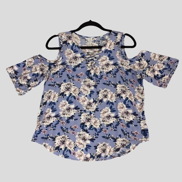 Warehouse One Cold Shoulder Floral Blouse Small Half Sleeve Violet Blue Popover - Picture 1 of 9